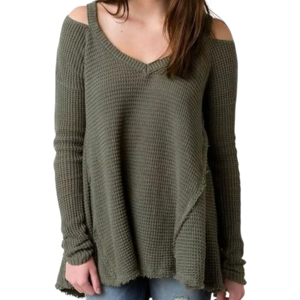 Free People Cold Shoulder Waffle Knit Distressed Sweater XS Olive Green‎ Grunge